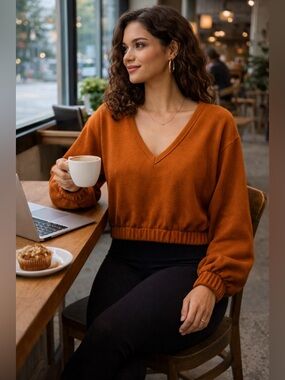 489 Urban Outfitters Out From Under Orange Deep V Neck Cropped Sweatshirt Small